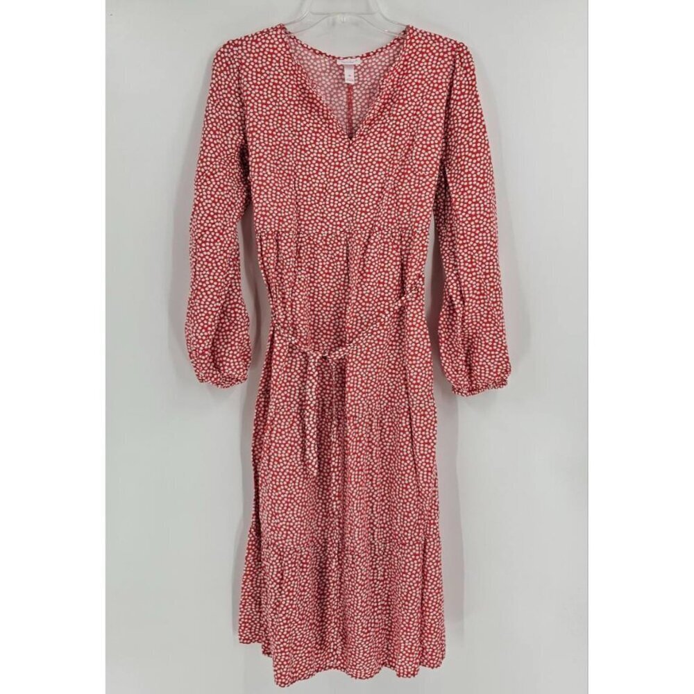 Isabel Maternity M Red White Polka Dot V-Neck Midi Dress Long Sleeve Tie Waist